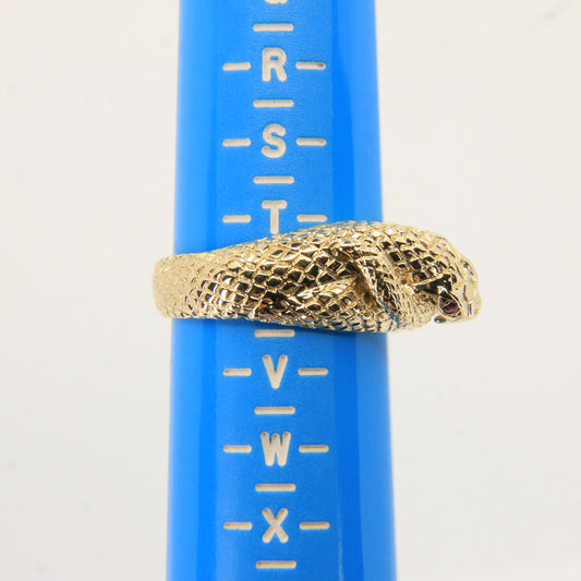 Vintage 9ct Yellow Gold Coiled Snake Ring Red Gem Eyes UK Size T 1/2 Boxed