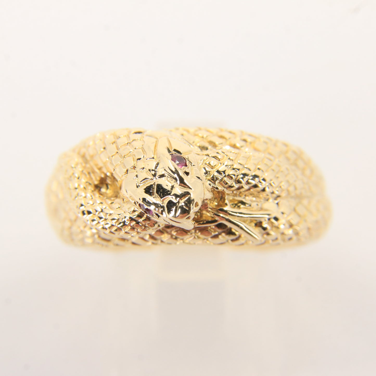 Vintage 9ct Yellow Gold Coiled Snake Ring Red Gem Eyes UK Size T 1/2 Boxed