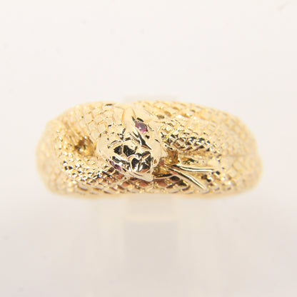 Vintage 9ct Yellow Gold Coiled Snake Ring Red Gem Eyes UK Size T 1/2 Boxed