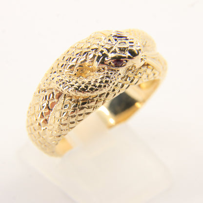 Vintage 9ct Yellow Gold Coiled Snake Ring Red Gem Eyes UK Size T 1/2 Boxed