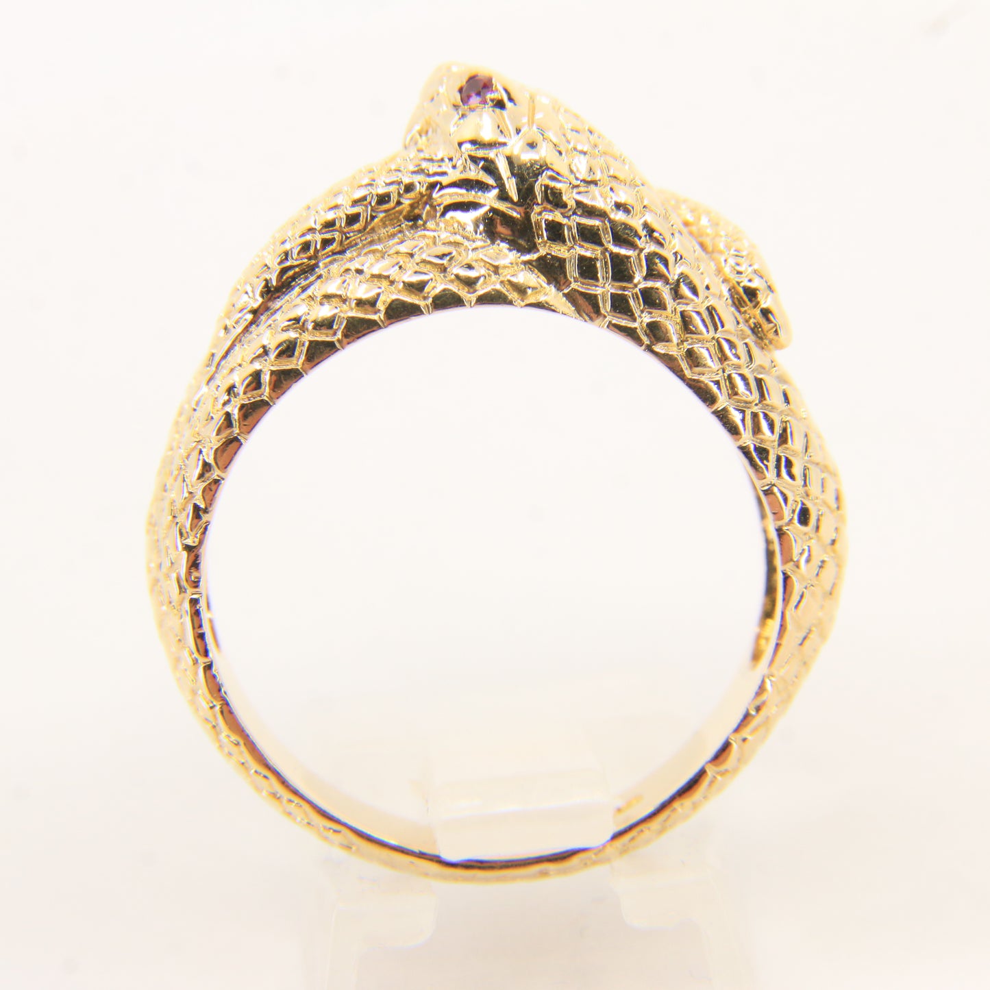 Vintage 9ct Yellow Gold Coiled Snake Ring Red Gem Eyes UK Size T 1/2 Boxed