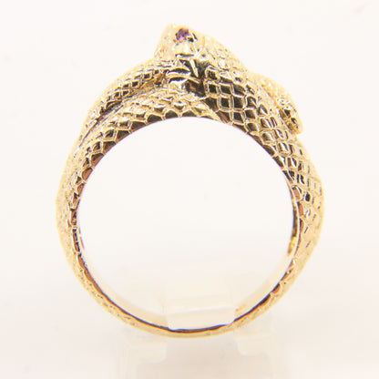 Vintage 9ct Yellow Gold Coiled Snake Ring Red Gem Eyes UK Size T 1/2 Boxed
