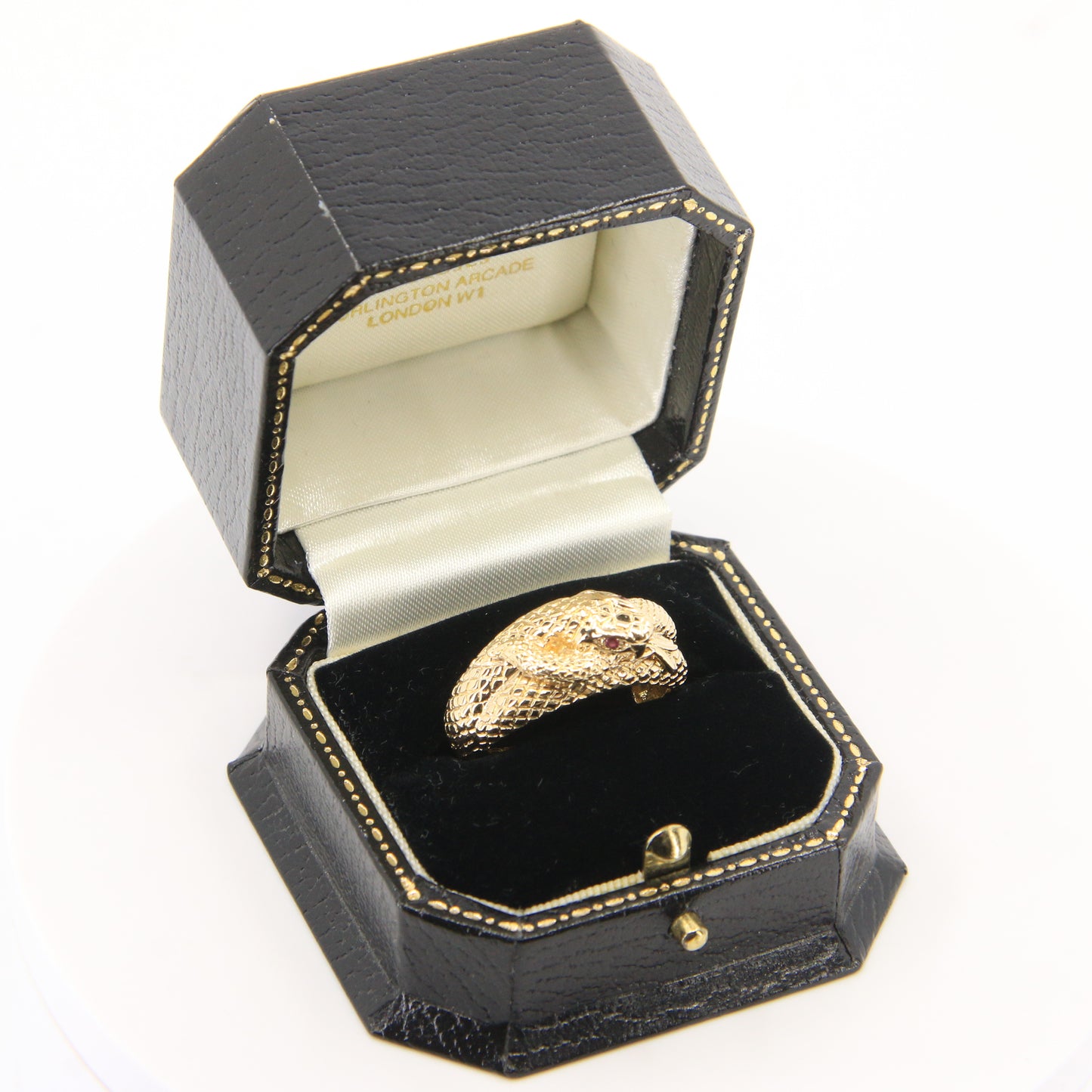 Vintage 9ct Yellow Gold Coiled Snake Ring Red Gem Eyes UK Size T 1/2 Boxed