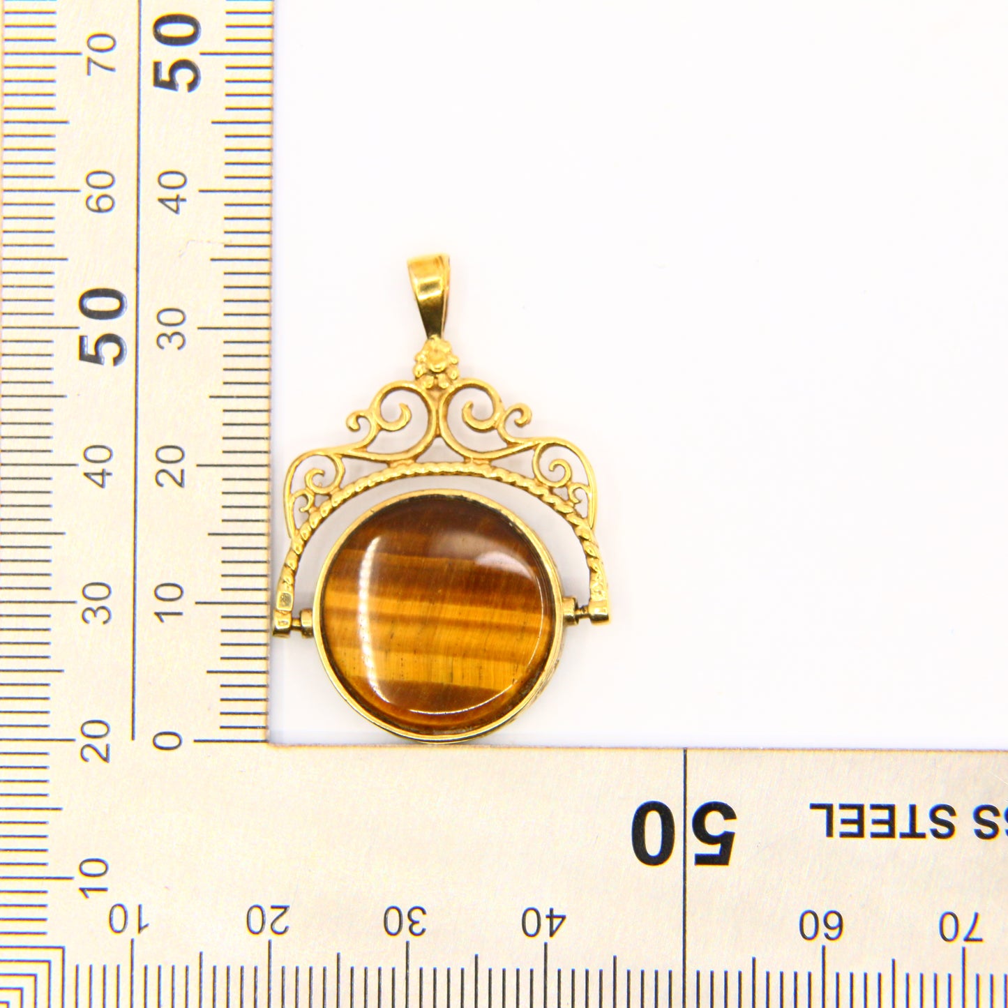 Vintage 9ct Tiger Eye Onyx Stone Spinner Fob Pendant Yellow Gold Hallmark Charm