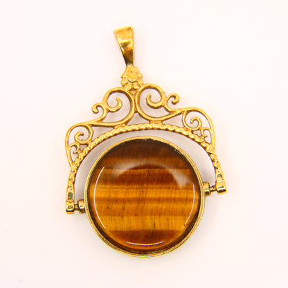 Vintage 9ct Tiger Eye Onyx Stone Spinner Fob Pendant Yellow Gold Hallmark Charm