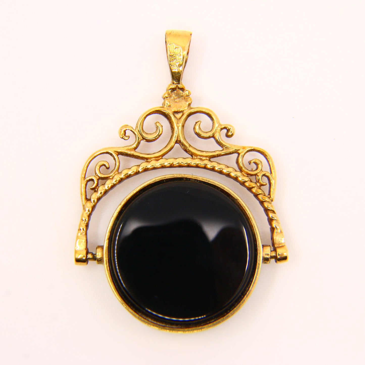 Vintage 9ct Tiger Eye Onyx Stone Spinner Fob Pendant Yellow Gold Hallmark Charm