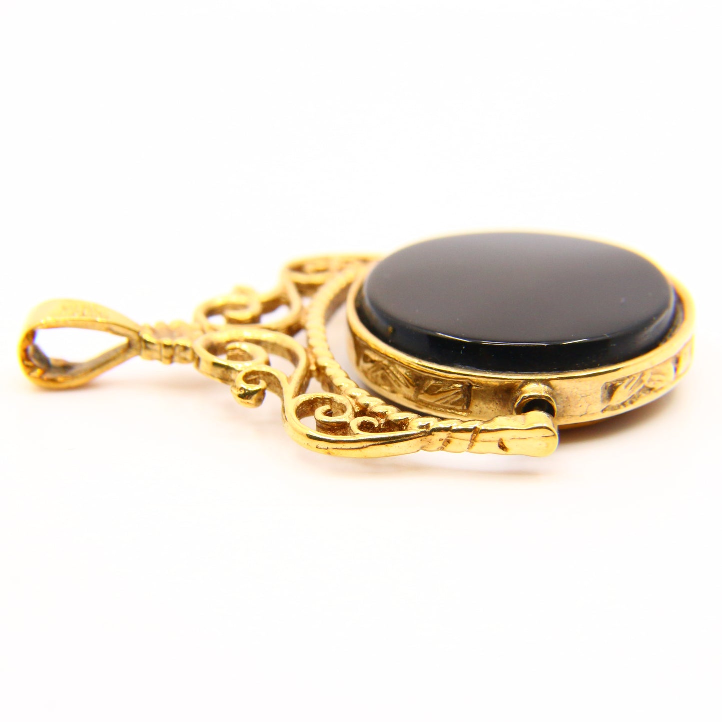 Vintage 9ct Tiger Eye Onyx Stone Spinner Fob Pendant Yellow Gold Hallmark Charm