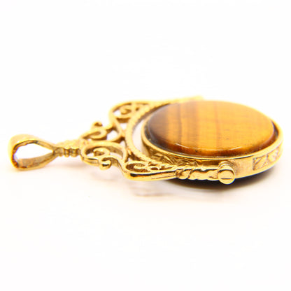 Vintage 9ct Tiger Eye Onyx Stone Spinner Fob Pendant Yellow Gold Hallmark Charm