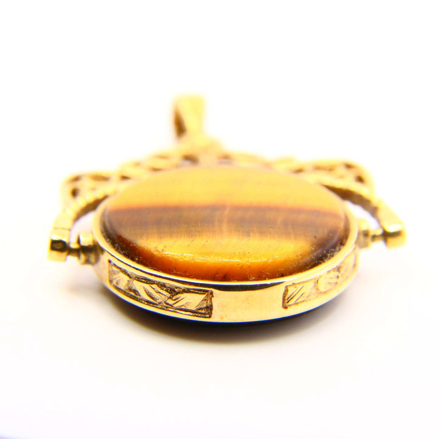 Vintage 9ct Tiger Eye Onyx Stone Spinner Fob Pendant Yellow Gold Hallmark Charm