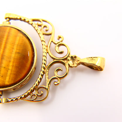 Vintage 9ct Tiger Eye Onyx Stone Spinner Fob Pendant Yellow Gold Hallmark Charm