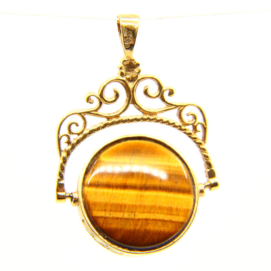 Vintage 9ct Tiger Eye Onyx Stone Spinner Fob Pendant Yellow Gold Hallmark Charm