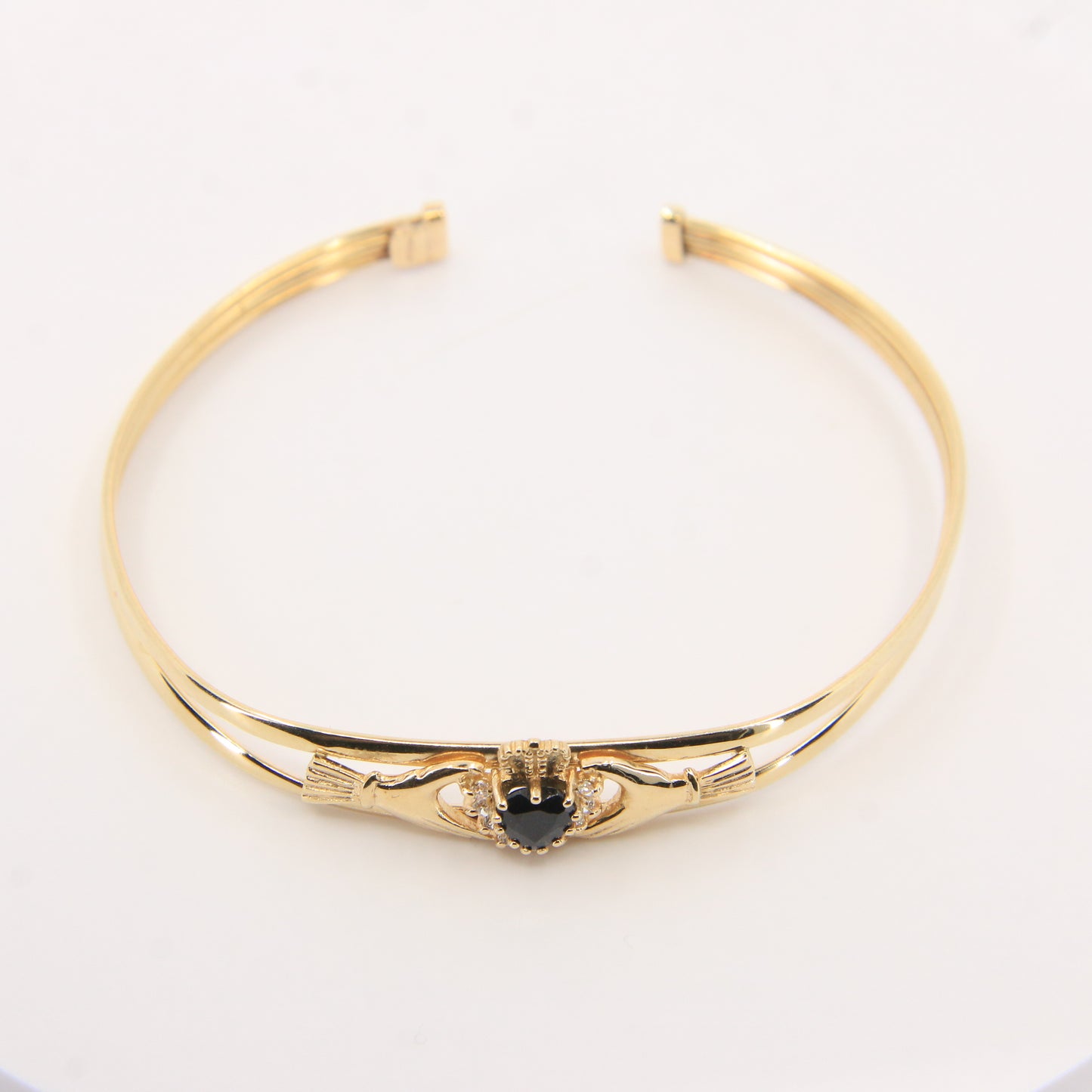 Vintage 9ct Hallmarked Gold Irish Claddagh Bangle Onyx CZ Bracelet Boxed Gift
