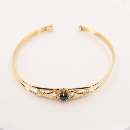 Vintage 9ct Hallmarked Gold Irish Claddagh Bangle Onyx CZ Bracelet Boxed Gift