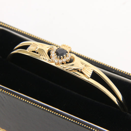 Vintage 9ct Hallmarked Gold Irish Claddagh Bangle Onyx CZ Bracelet Boxed Gift