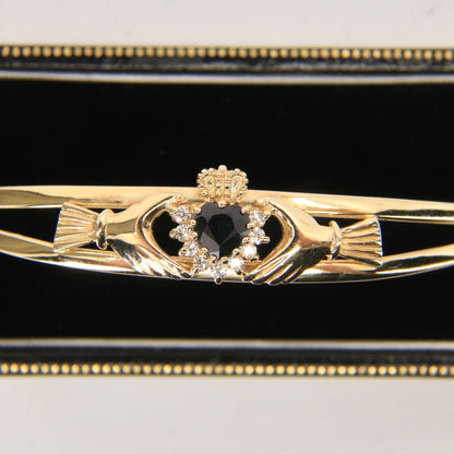 Vintage 9ct Hallmarked Gold Irish Claddagh Bangle Onyx CZ Bracelet Boxed Gift