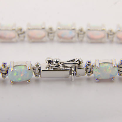 Vintage 14k White Gold Opal Bracelet 7.3 inch Oval Link Tennis Style Boxed