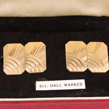 Vintage 9ct Hallmarked Yellow Gold Sunburst Engine Turned Cufflinks Boxed Gift