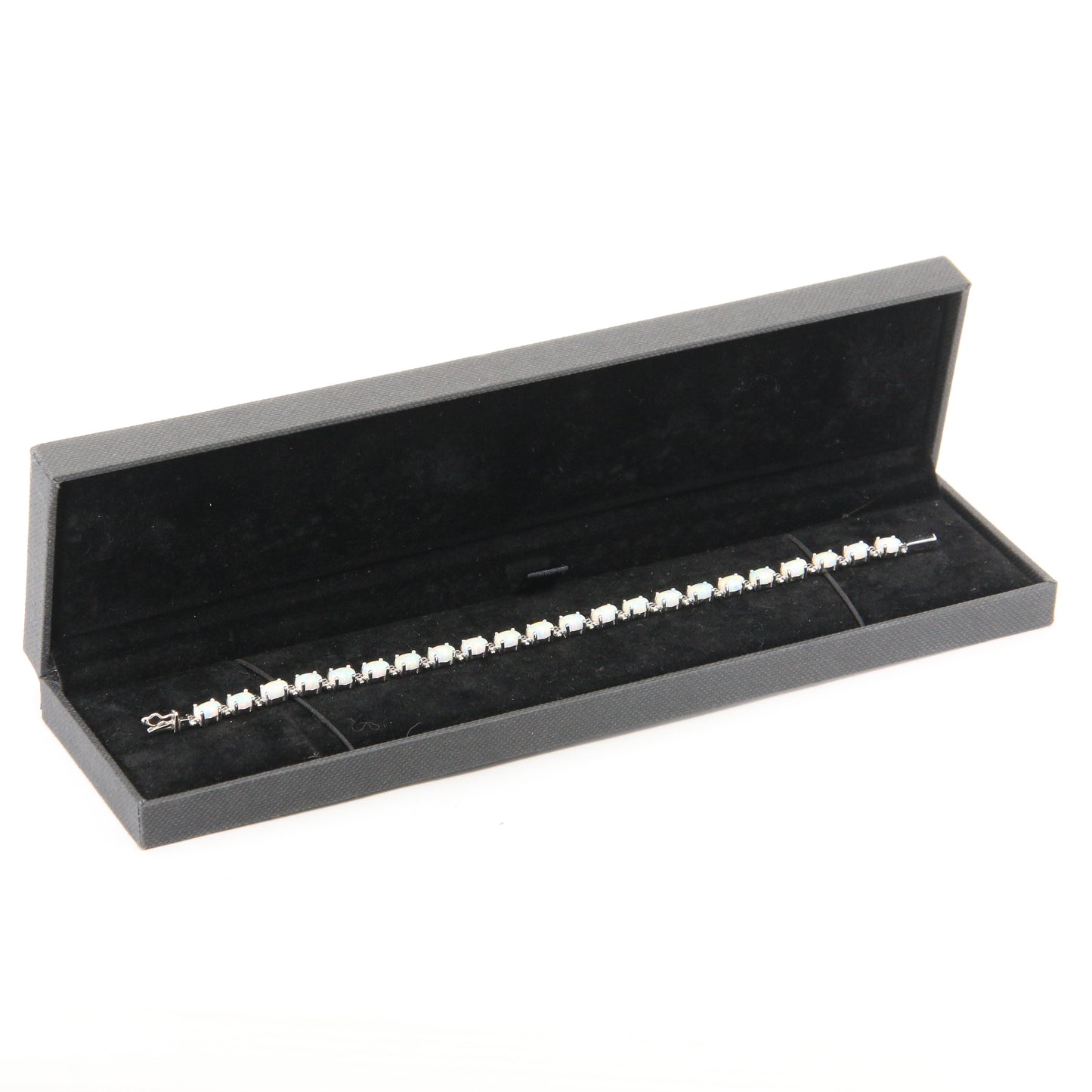 Vintage 14k White Gold Opal Bracelet 7.3 inch Oval Link Tennis Style Boxed