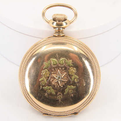 Antique Hampden 55mm Full Hunter Pocket Watch Gold Plated Diamond Horse c1900