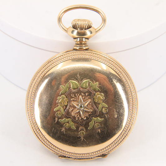 Antique Hampden 55mm Full Hunter Pocket Watch Gold Plated Diamond Horse c1900