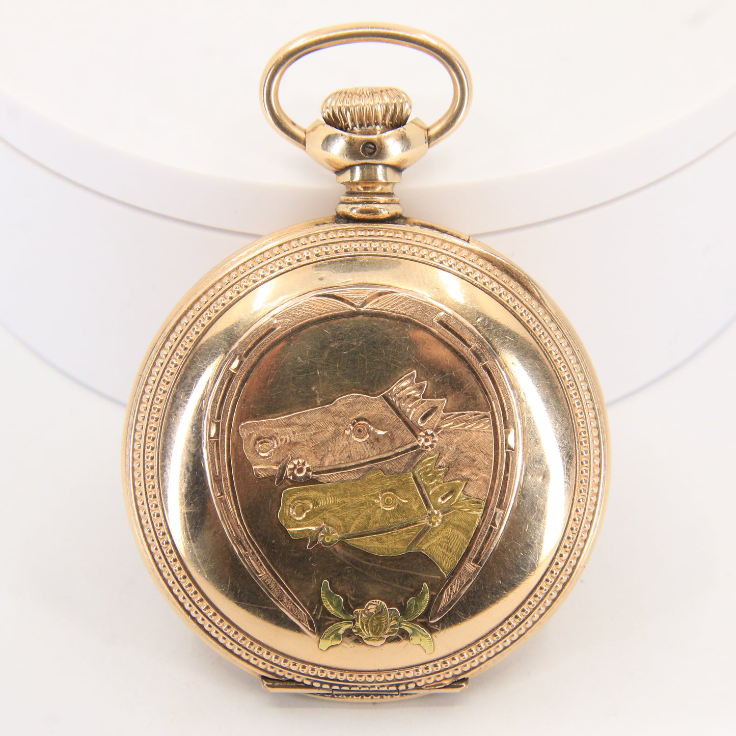Antique Hampden 55mm Full Hunter Pocket Watch Gold Plated Diamond Horse c1900