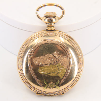 Antique Hampden 55mm Full Hunter Pocket Watch Gold Plated Diamond Horse c1900
