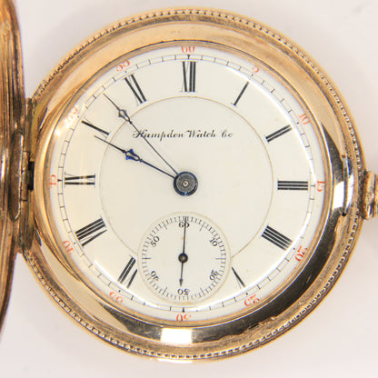 Antique Hampden 55mm Full Hunter Pocket Watch Gold Plated Diamond Horse c1900