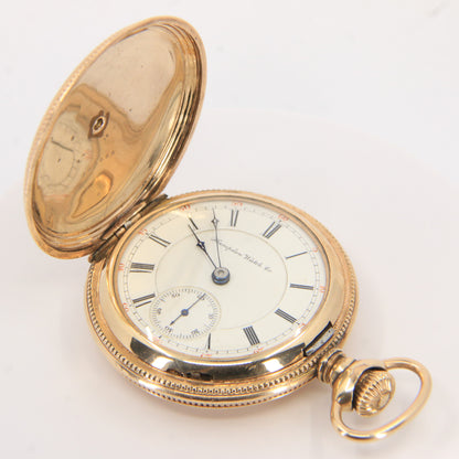 Antique Hampden 55mm Full Hunter Pocket Watch Gold Plated Diamond Horse c1900