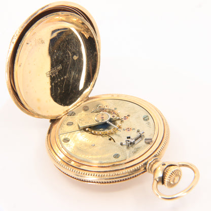 Antique Hampden 55mm Full Hunter Pocket Watch Gold Plated Diamond Horse c1900