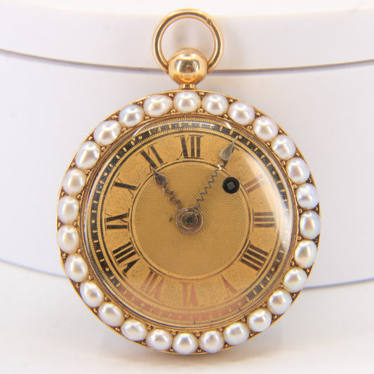 Antique 18ct Gold 37 mm French Fob Pocket Watch Pearl Ruby Set Fusee Movement c1840