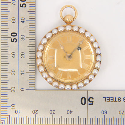 Antique 18ct Gold 37 mm French Fob Pocket Watch Pearl Ruby Set Fusee Movement c1840