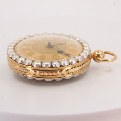 Antique 18ct Gold 37 mm French Fob Pocket Watch Pearl Ruby Set Fusee Movement c1840