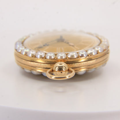 Antique 18ct Gold 37 mm French Fob Pocket Watch Pearl Ruby Set Fusee Movement c1840
