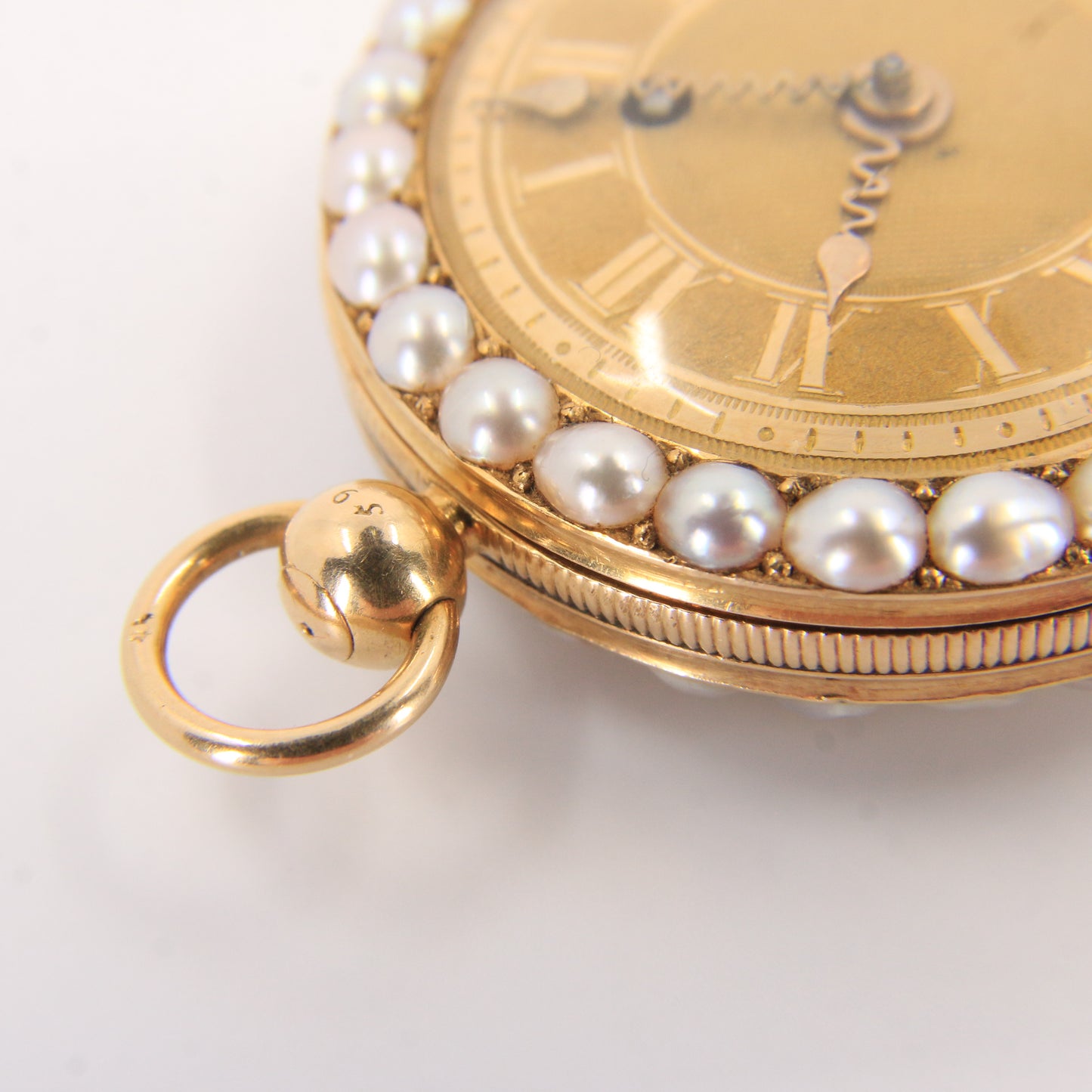 Antique 18ct Gold 37 mm French Fob Pocket Watch Pearl Ruby Set Fusee Movement c1840