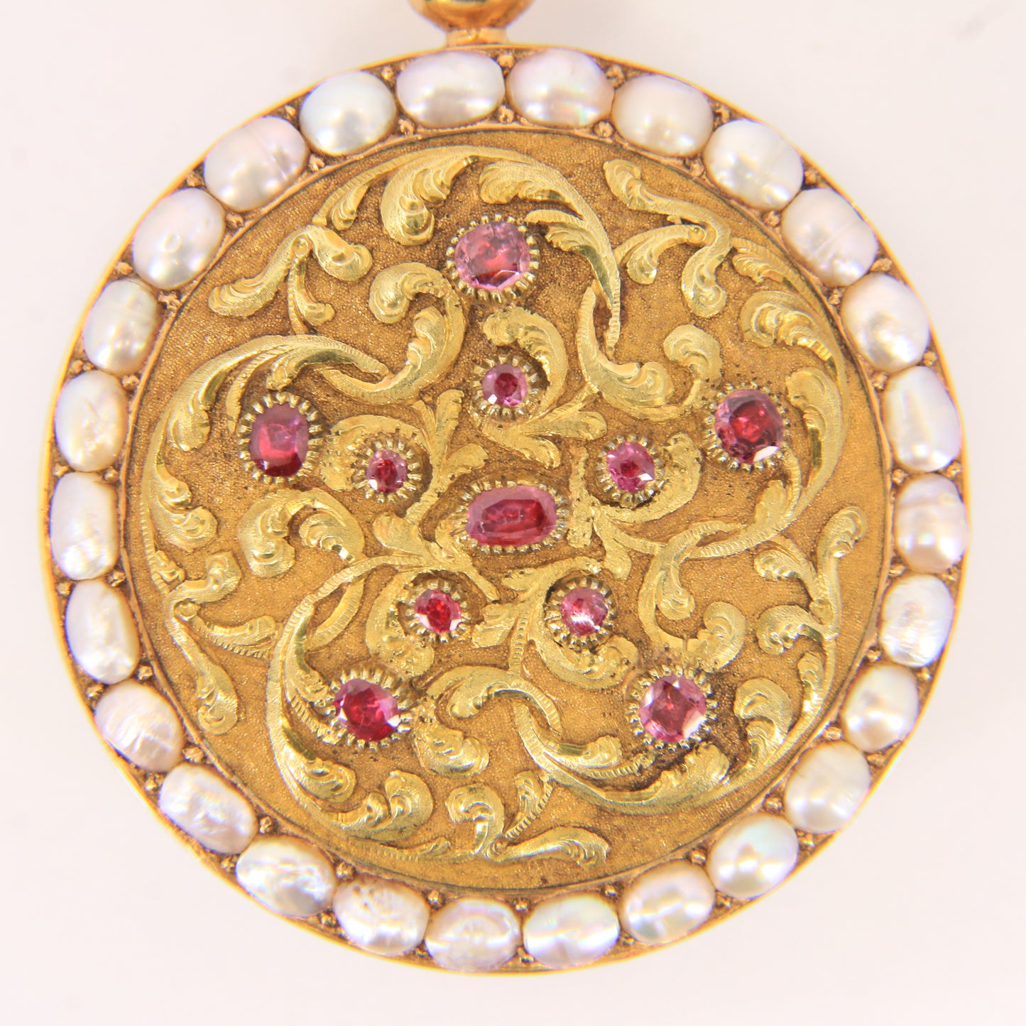 Antique 18ct Gold 37 mm French Fob Pocket Watch Pearl Ruby Set Fusee Movement c1840