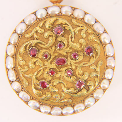 Antique 18ct Gold 37 mm French Fob Pocket Watch Pearl Ruby Set Fusee Movement c1840