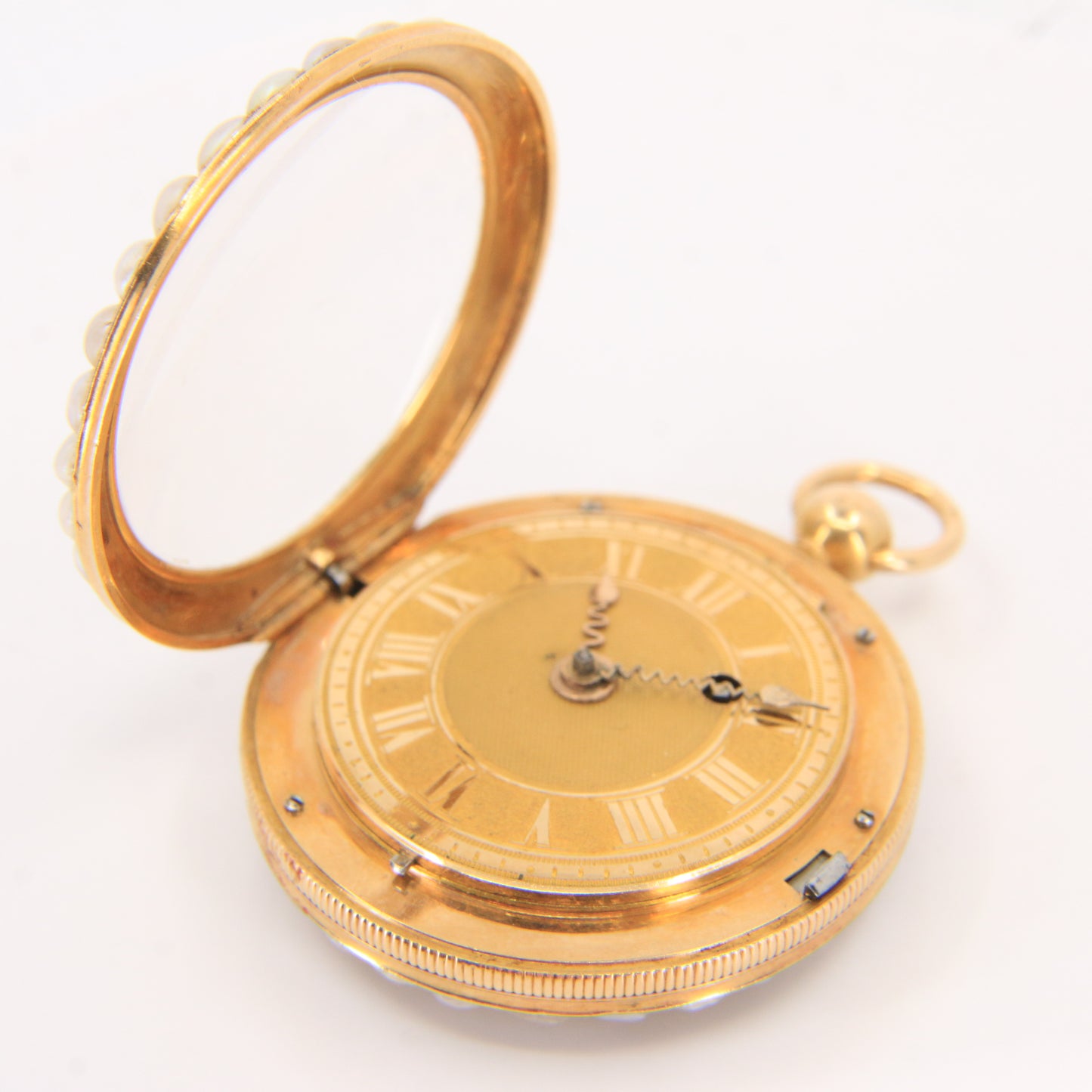 Antique 18ct Gold 37 mm French Fob Pocket Watch Pearl Ruby Set Fusee Movement c1840