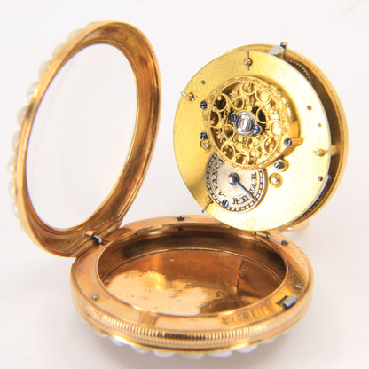 Antique 18ct Gold 37 mm French Fob Pocket Watch Pearl Ruby Set Fusee Movement c1840