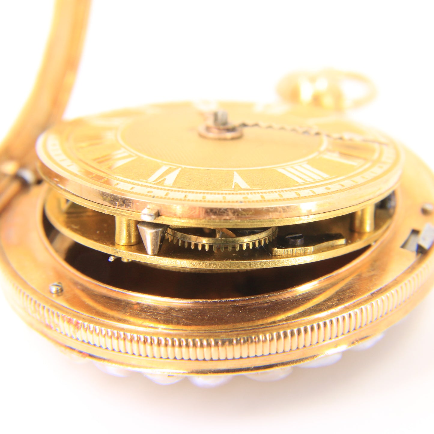 Antique 18ct Gold 37 mm French Fob Pocket Watch Pearl Ruby Set Fusee Movement c1840