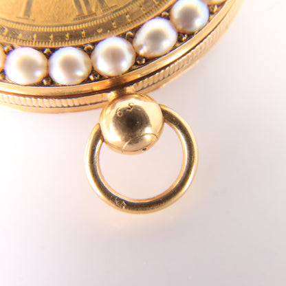 Antique 18ct Gold 37 mm French Fob Pocket Watch Pearl Ruby Set Fusee Movement c1840