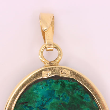 Vintage 14K Yellow Gold Malachite Pendant Oval Green Gemstone Statement Gift