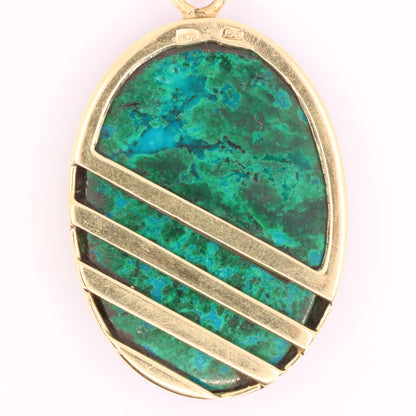 Vintage 14K Yellow Gold Malachite Pendant Oval Green Gemstone Statement Gift