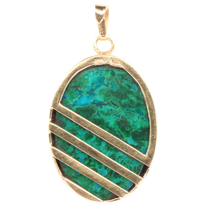 Vintage 14K Yellow Gold Malachite Pendant Oval Green Gemstone Statement Gift