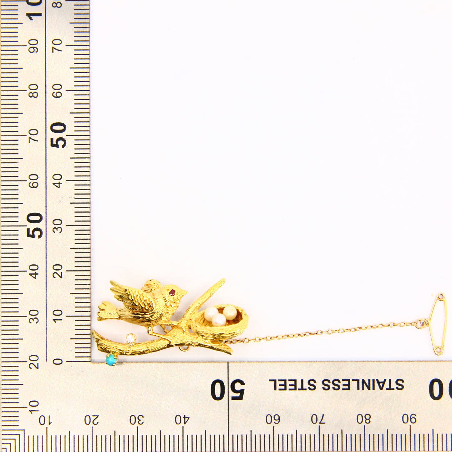 Vintage 18ct Yellow Gold Bird Nest Brooch Diamond Turquoise Seed Pearl on Branch