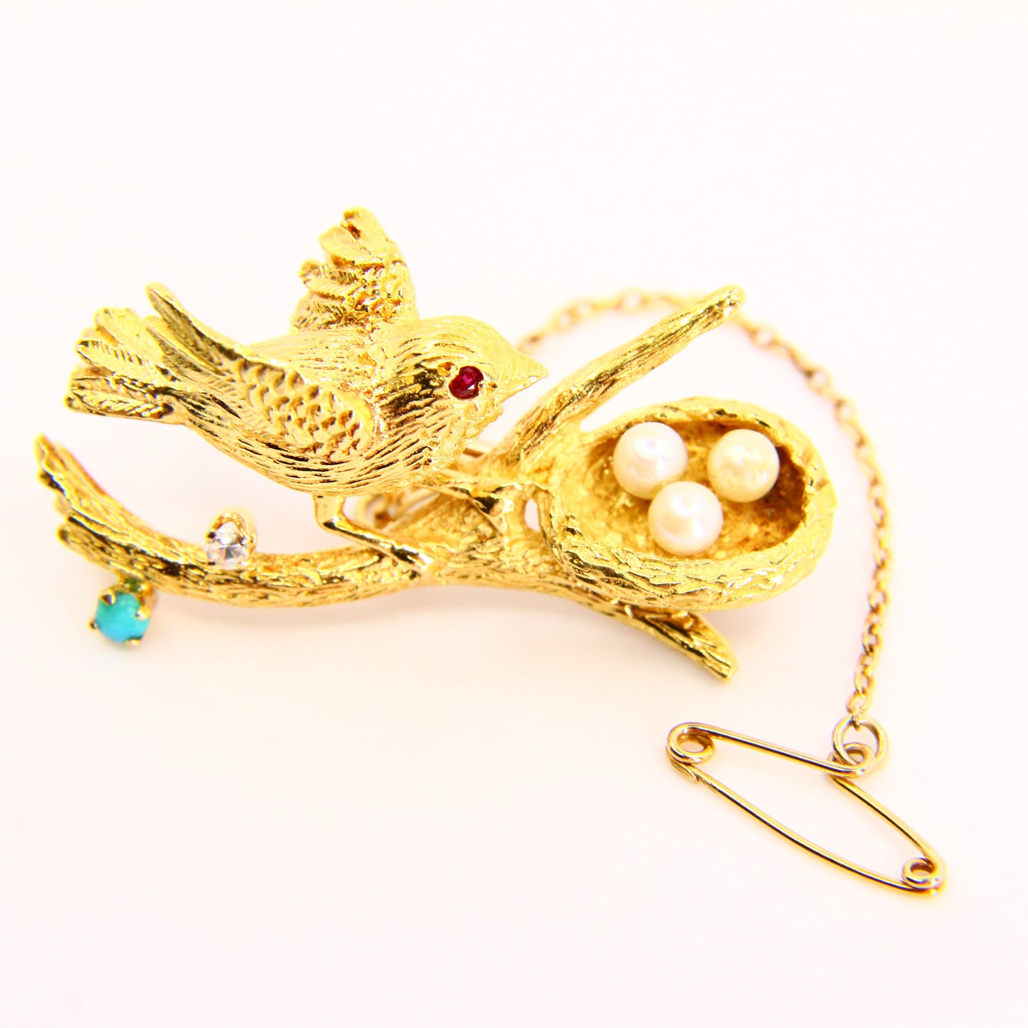 Vintage 18ct Yellow Gold Bird Nest Brooch Diamond Turquoise Seed Pearl on Branch