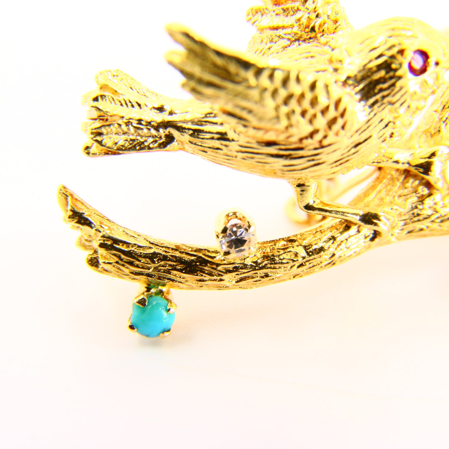 Vintage 18ct Yellow Gold Bird Nest Brooch Diamond Turquoise Seed Pearl on Branch