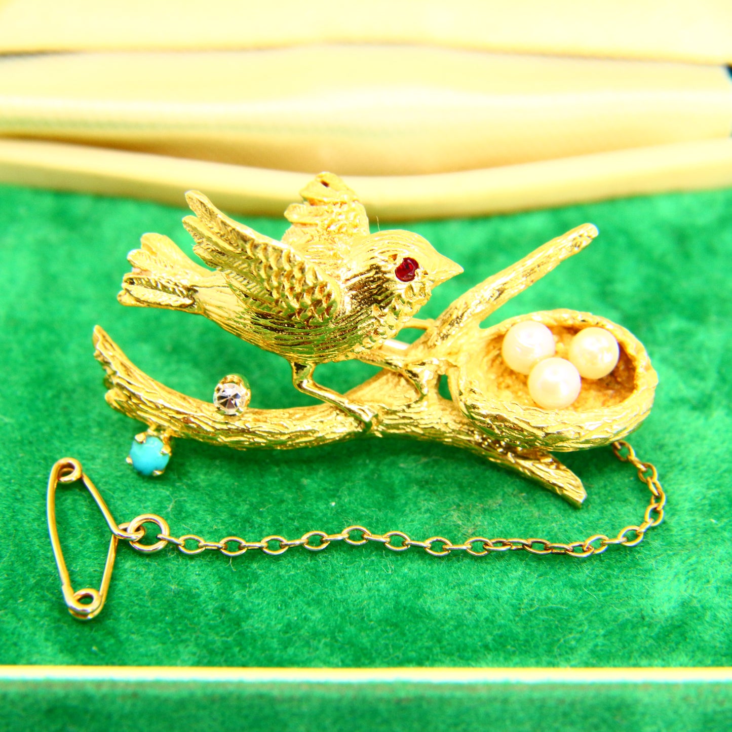 Vintage 18ct Yellow Gold Bird Nest Brooch Diamond Turquoise Seed Pearl on Branch