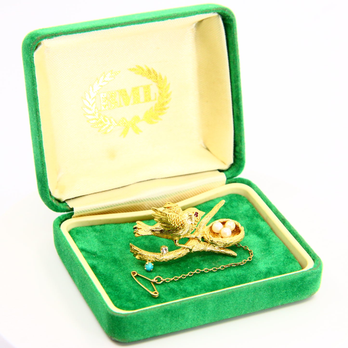 Vintage 18ct Yellow Gold Bird Nest Brooch Diamond Turquoise Seed Pearl on Branch