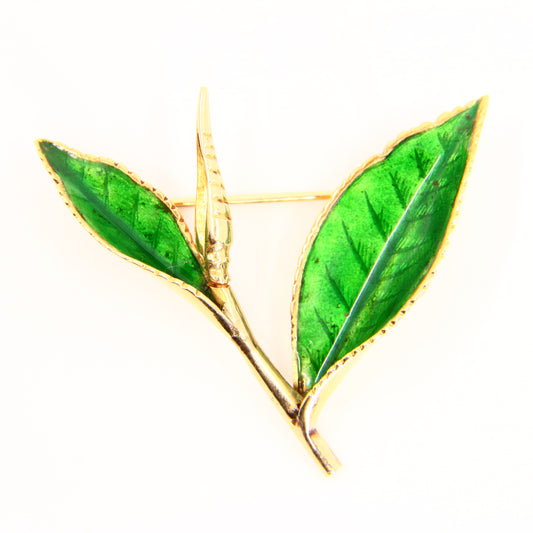 Antique 15ct Gold Enamelled Leaf Brooch Hallmarked Tree Branch Yellow Gold Boxed