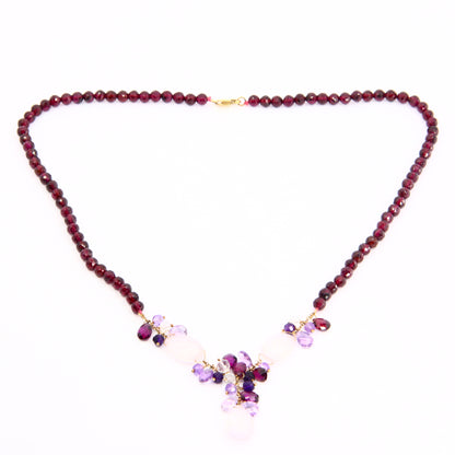 Vintage 9ct Amethyst Rose Quart Garnet Drop Bead Necklace Yellow Gold Boxed